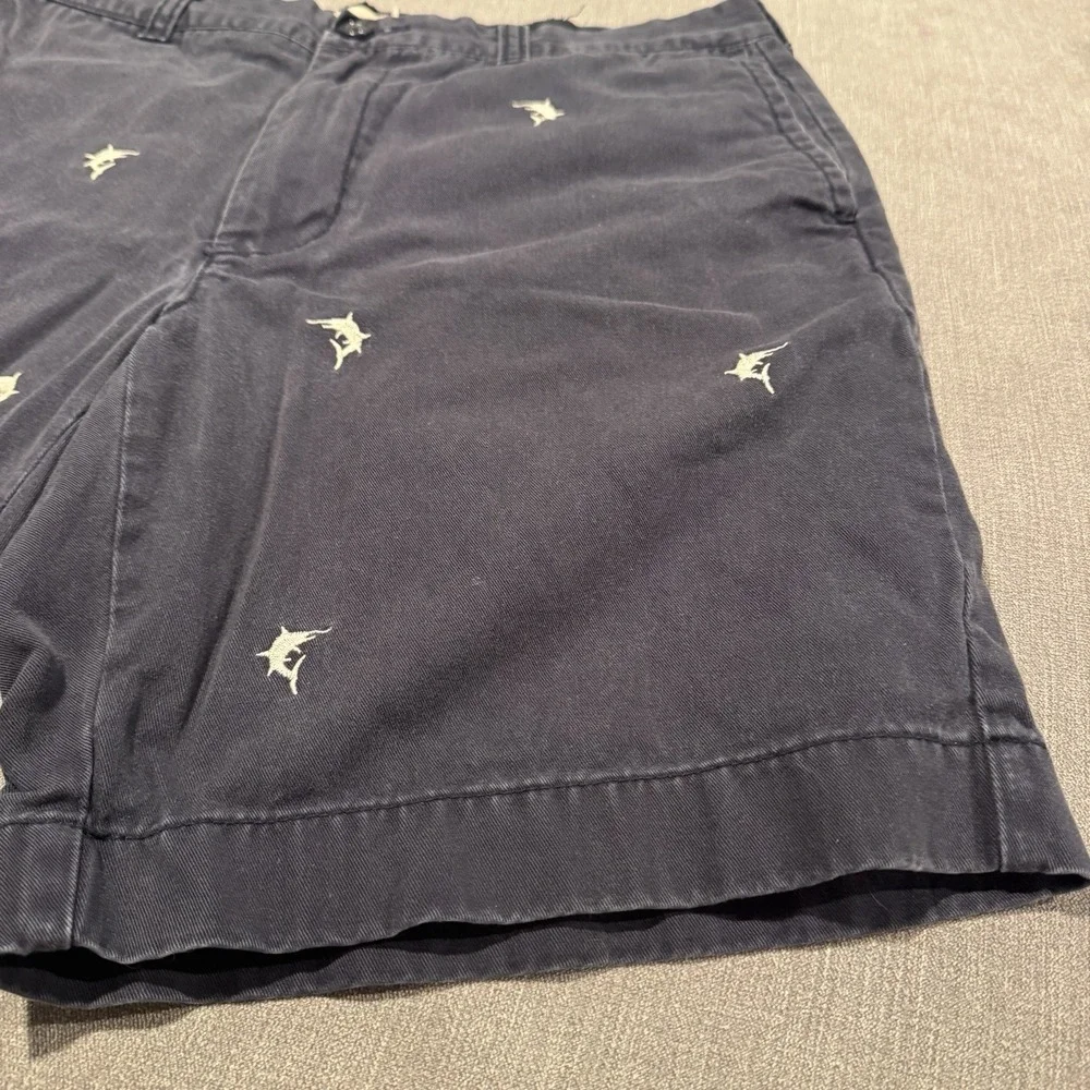 J CREW Shorts Mens 35 Navy Blue Embroidered Shark Gramercy Cotton Beach Fishing